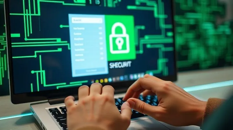 A photorealistic image of a secure e-commerce checkout page on a sleek monitor, with a glowing green padlock icon prominently displayed. Hands are typing on a keyboard, surrounded by digital security lines, cinematic lighting, sharp focus on the screen, depth of field blurring the background, 8K hyper-detailed, professional photography, shot on a high-end DSLR.
