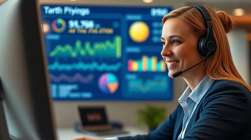 A photorealistic, professional photography, 8K, cinematic lighting, sharp focus, depth of field, shot on a high-end DSLR, showing a customer service representative empathetically listening to a customer on a headset, with a calm and reassuring expression. A digital dashboard with positive customer satisfaction metrics is visible in the background.