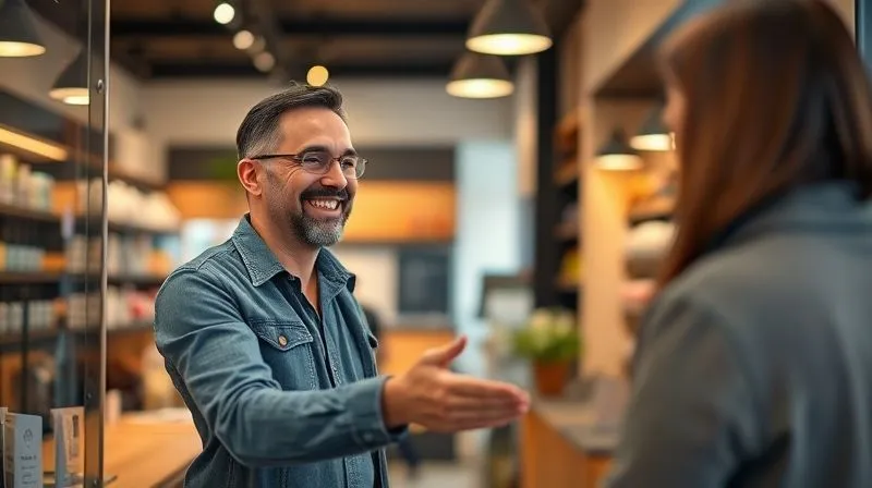 A photorealistic image of a small business owner warmly greeting a smiling customer at the entrance of a modern, well-lit local shop. The scene conveys trust and excellent customer service. Cinematic lighting, sharp focus, depth of field blurring the background, 8K hyper-detailed, professional photography, shot on a high-end DSLR.