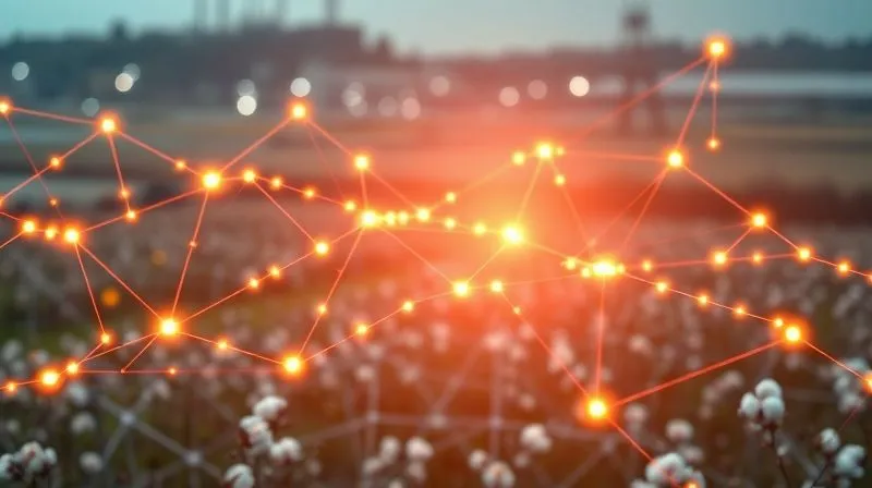 Photorealistic, professional photography, 8K, cinematic lighting, sharp focus, depth of field, shot on a high-end DSLR. A stylized, glowing network of interconnected digital blocks, representing a blockchain ledger, overlaying a subtle background of textile factories and cotton fields, symbolizing the transparent journey of a sustainable garment. The mood is futuristic and reliable.