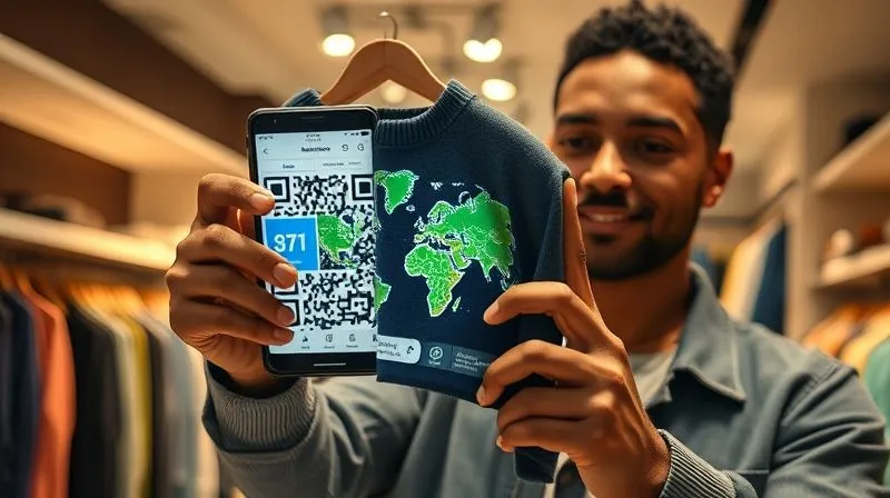 Photorealistic, professional photography, 8K, cinematic lighting, sharp focus, depth of field, shot on a high-end DSLR. A customer in a modern, well-lit clothing store is holding up a garment with a prominent QR code. Their smartphone screen is visible, displaying a vibrant, interactive map highlighting the supply chain journey of the garment, with small animated icons representing farms, factories, and transport. The customer's face shows engagement and curiosity.
