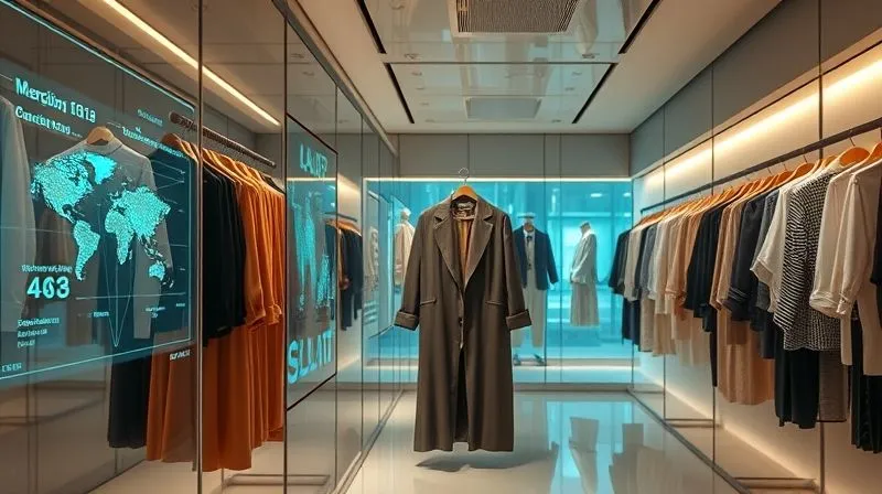 Photorealistic, professional photography, 8K, cinematic lighting, sharp focus, depth of field, shot on a high-end DSLR. A futuristic, minimalist clothing store with transparent displays showing holographic data visualizations of garment origins and environmental impact. Customers interact with AI interfaces, while soft, ambient lighting highlights sustainable fabrics. The atmosphere is innovative and environmentally conscious.