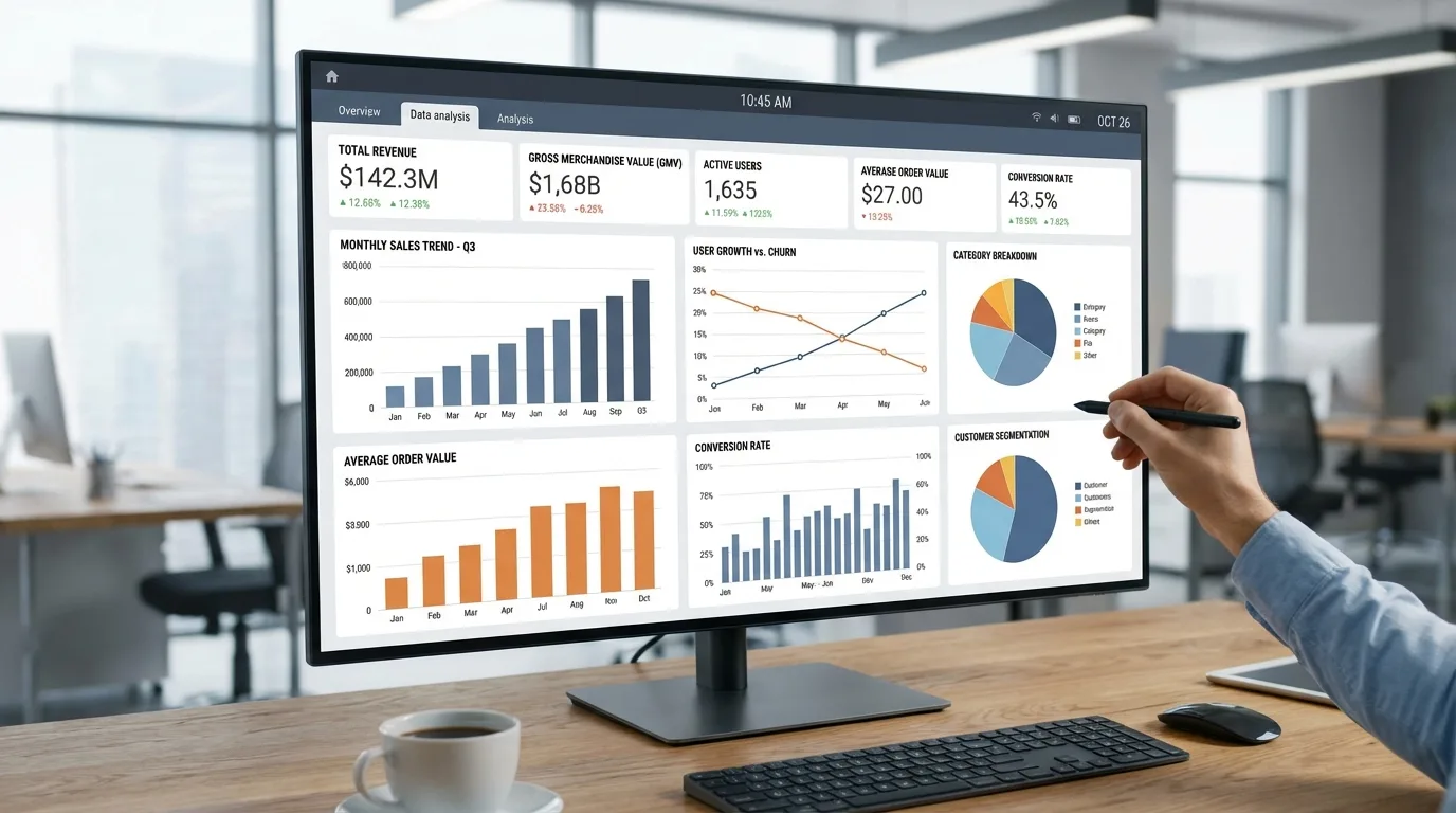 Dashboard de análise de dados: visualização clara e concisa das métricas-chave para otimizar o marketplace.