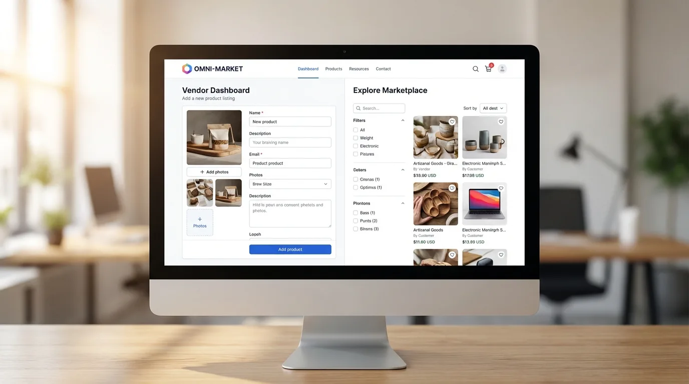 Interface de um marketplace conectando vendedores e compradores: design limpo, intuitivo e focado na conversão.