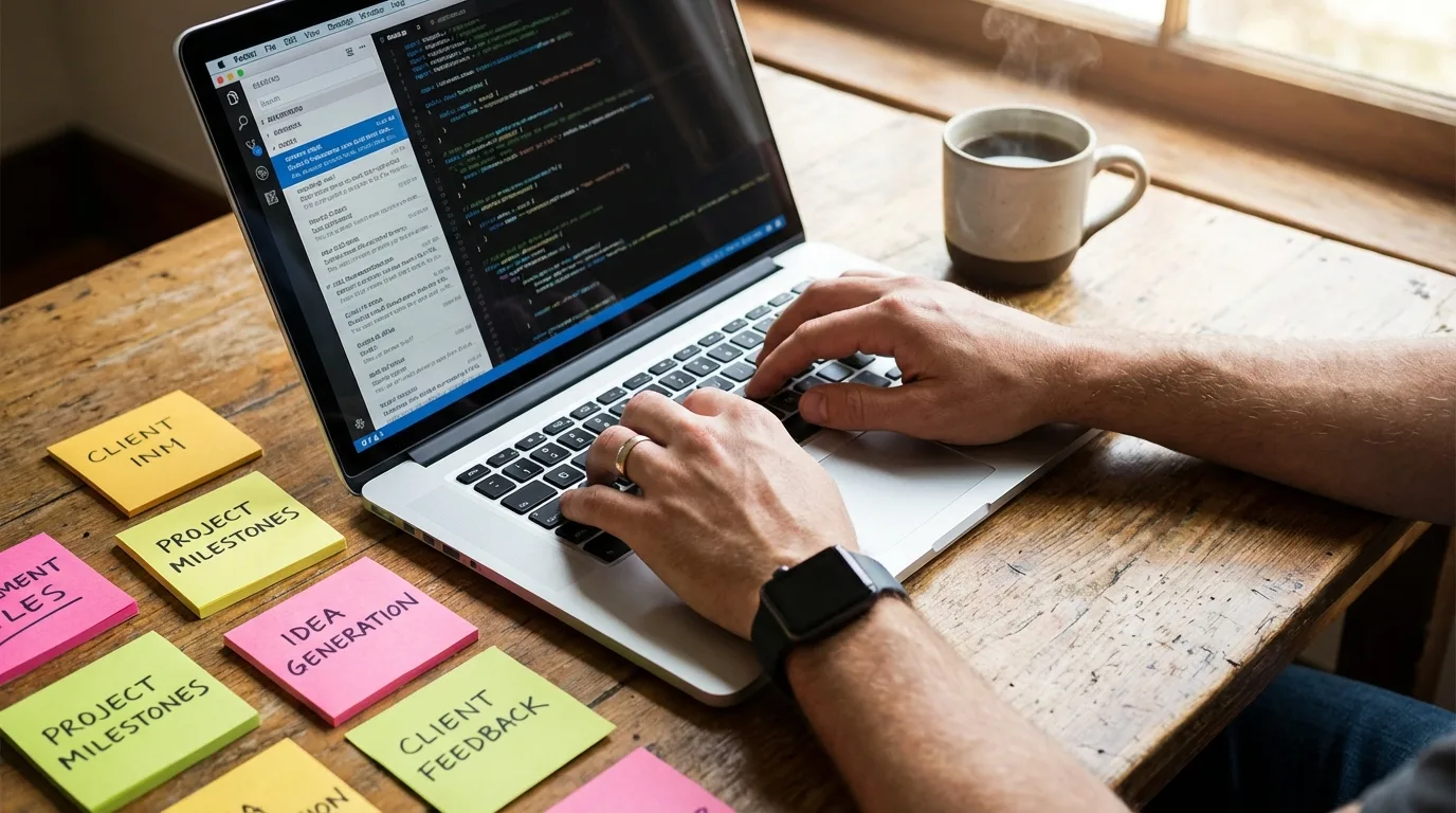 photorealistic, professional photography, close-up shot of a freelancer's hands typing on a laptop, surrounded by sticky notes with ideas and a cup of coffee, representing focus and productivity.